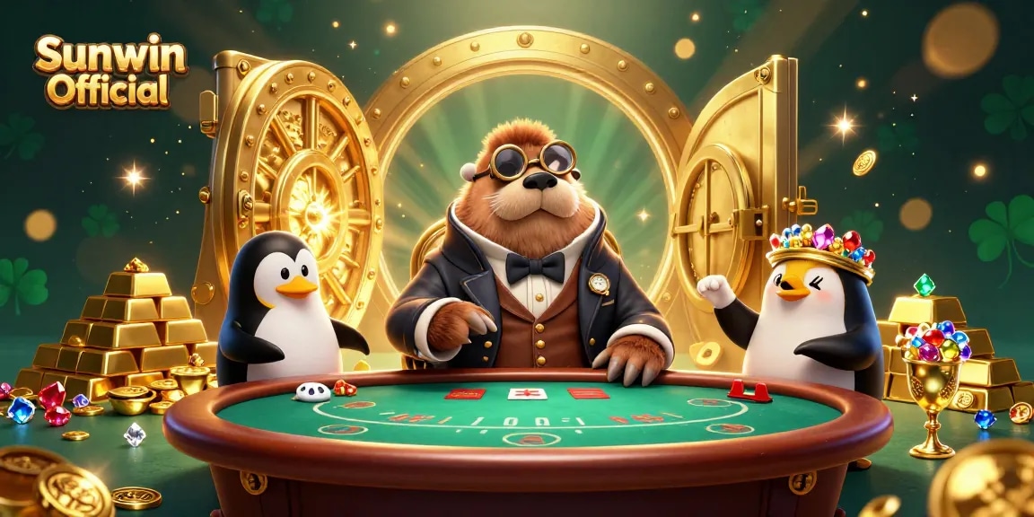 Engage with Sunwin Official at a vibrant underwater poker game featuring playful characters and rich treasures.