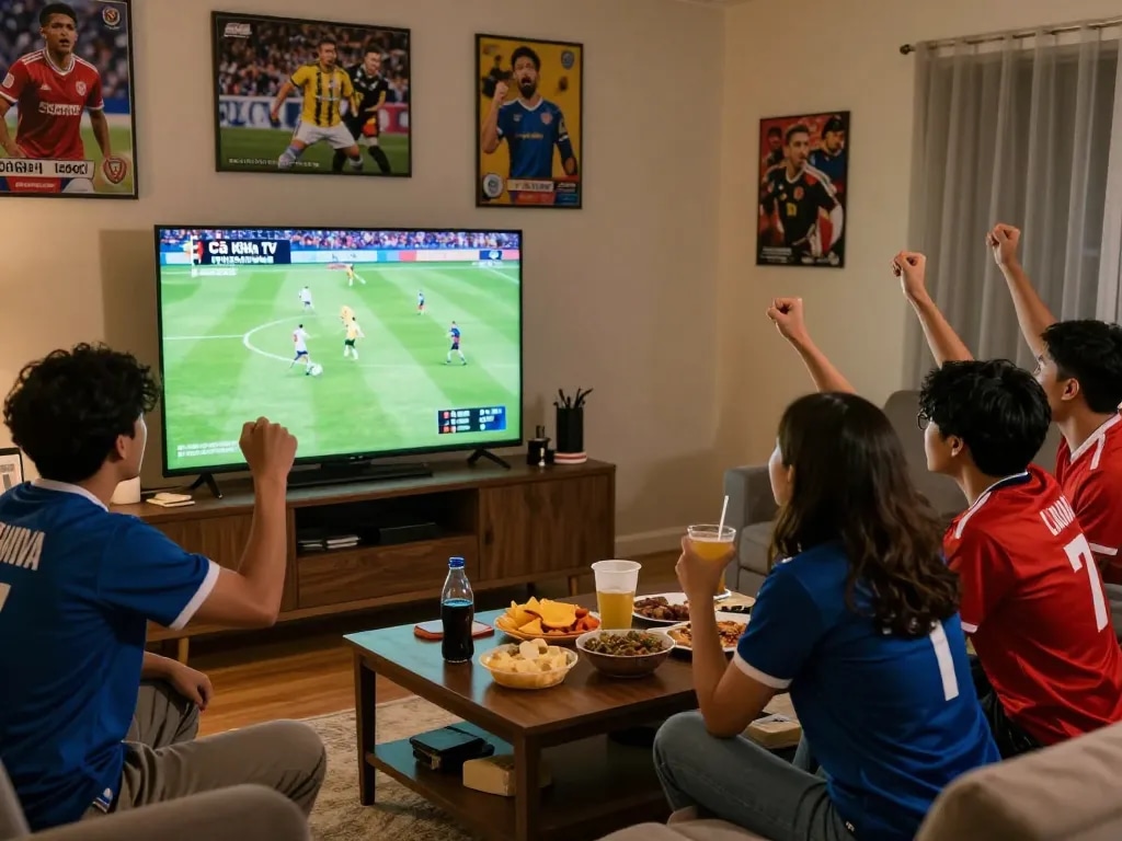 Cà Khịa TV live football match watched by excited fans in a cozy living room.