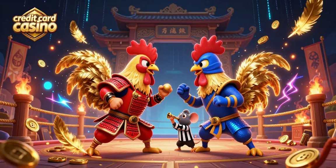 Engage with thrilling action at a credit card casino featuring battle-ready roosters and vibrant gold coins.