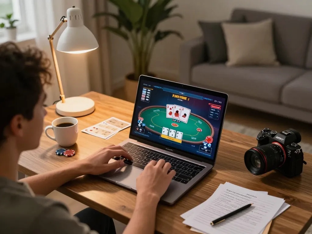 Player enjoying poker gameplay on 123win, creating a cozy home gaming experience with strategic focus