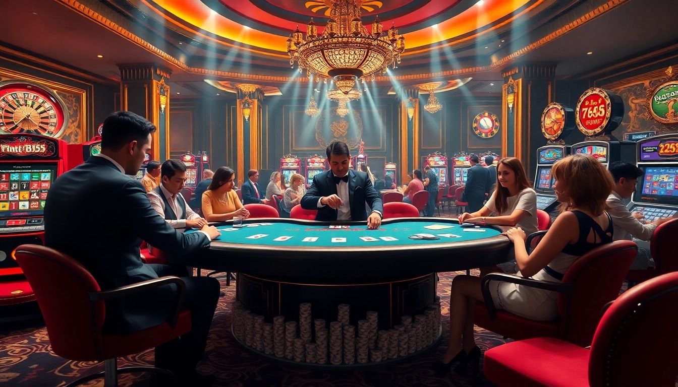 Engaging casino scene showcasing nhà cái BL555 with poker players, roulette wheel, and vibrant slot machines.