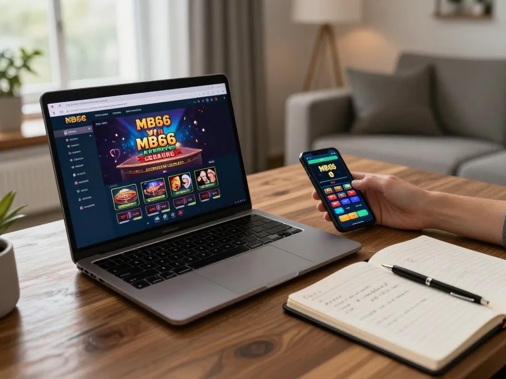 Engaging in online gaming at MB66 with a laptop and smartphone, showcasing strategic betting.