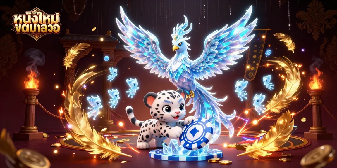 Engage with หนังใหม่ชนโรง as a vibrant ice phoenix and playful cub dominate a packed gambling scene.
