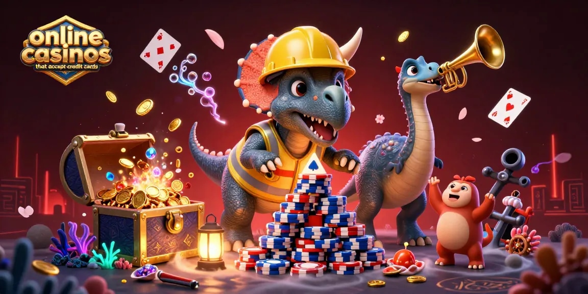 Exciting illustration featuring a triceratops celebrating online casinos that accept credit cards with poker chips