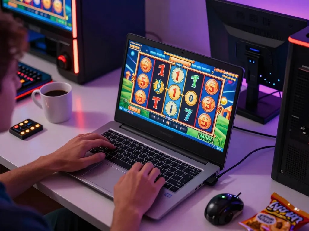 KK55 player enjoying a thrilling online slot game on a laptop in a cozy gaming setup