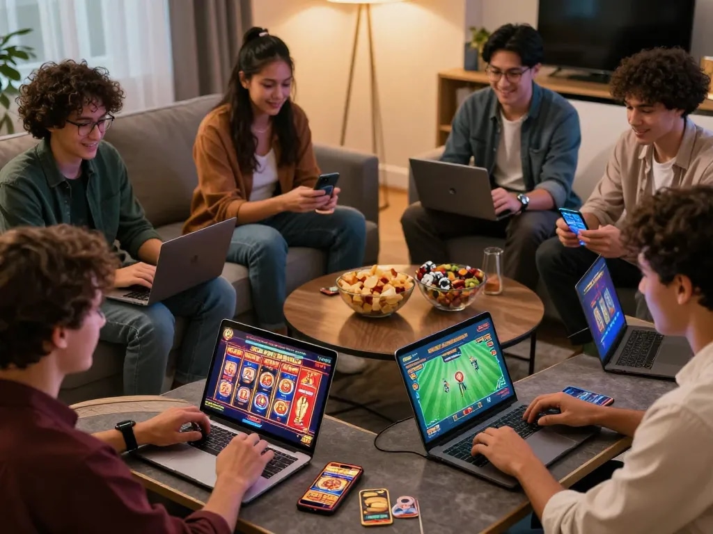 Friends enjoying online gaming at home on multiple devices featuring sunwin games.