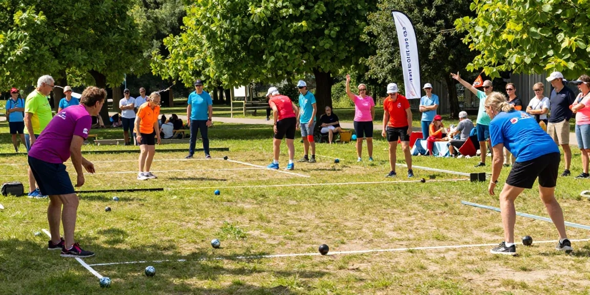 Engaging petanque tournament at fopikotabanjarba.org with diverse players and spectators under sunny skies.
