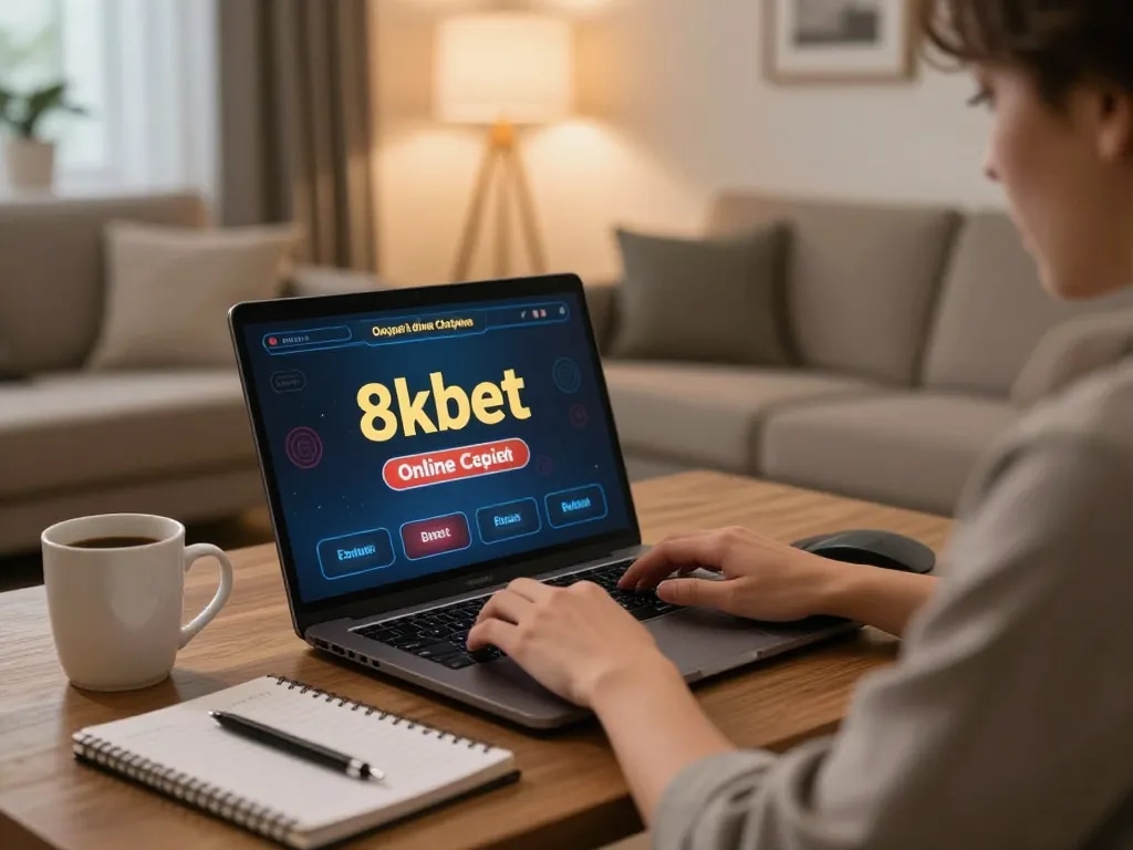 Player engaging in online casino gameplay on 8kbet platform in a cozy home setting