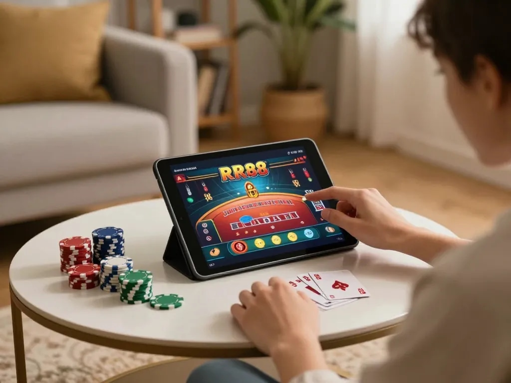 Engaged user playing RR88 casino games on tablet at home, showcasing a cozy gaming atmosphere