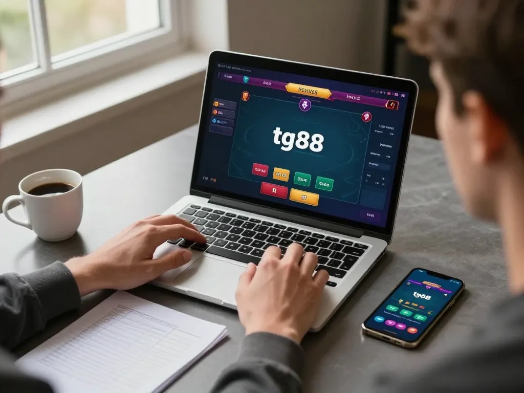 Engaging player enjoying an online tg88 casino poker game on a laptop with strategy notes.