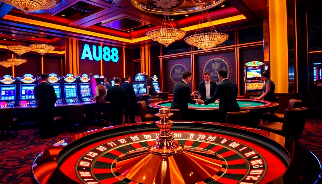 Players enjoy thrilling games at AU88 casino, featuring vibrant slots and an elegant poker table.