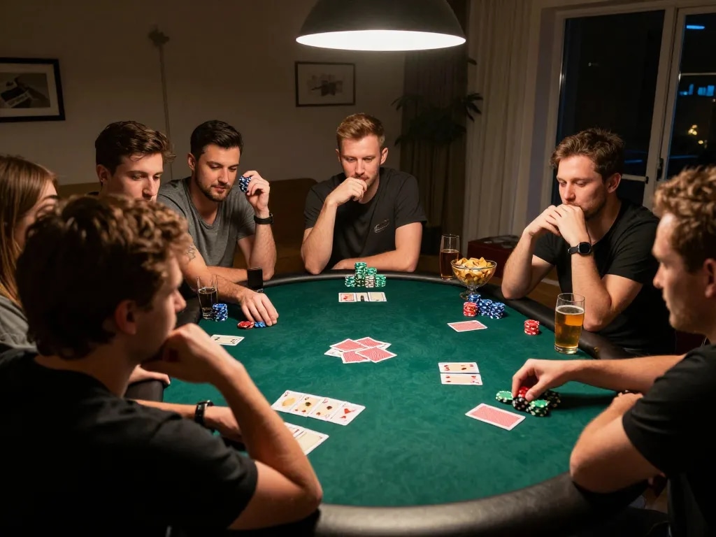 Friends enjoying a poker night at home, strategizing with chips and cards while using 88aa for gaming