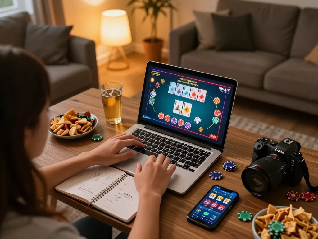Engaging in online gambling gameplay at 77LOC with strategic notes and cozy home ambiance