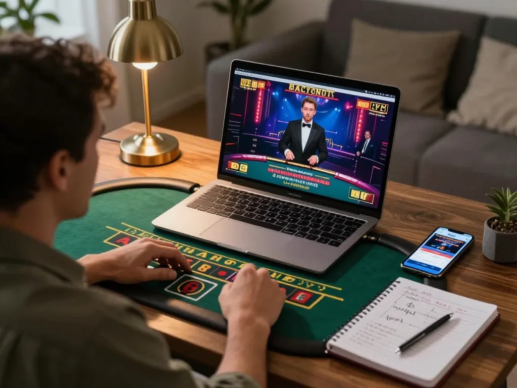BEM88 player enjoying a thrilling Baccarat game on a laptop at home, showcasing responsible gaming