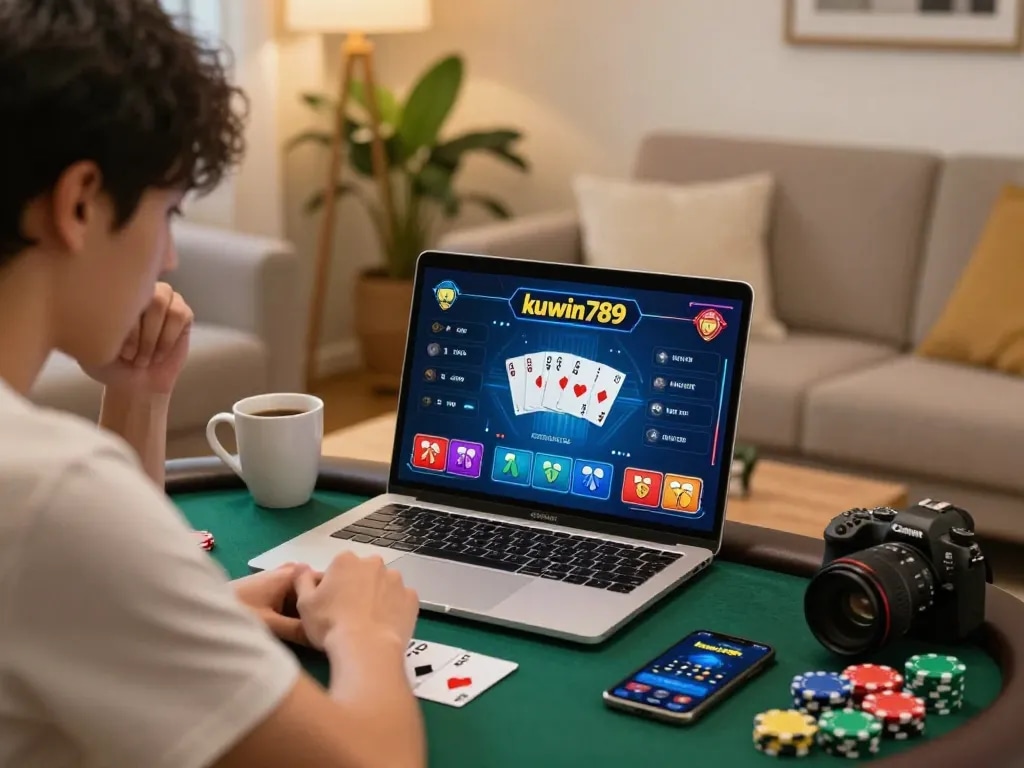 Player focused on kuwin789 online poker game, showcasing strategic gameplay in cozy home setting.