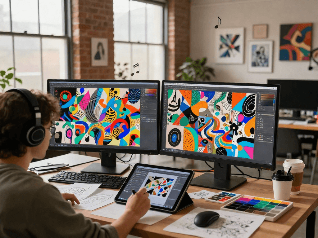 Artist generating ai nsfw digital art in a vibrant creative workspace