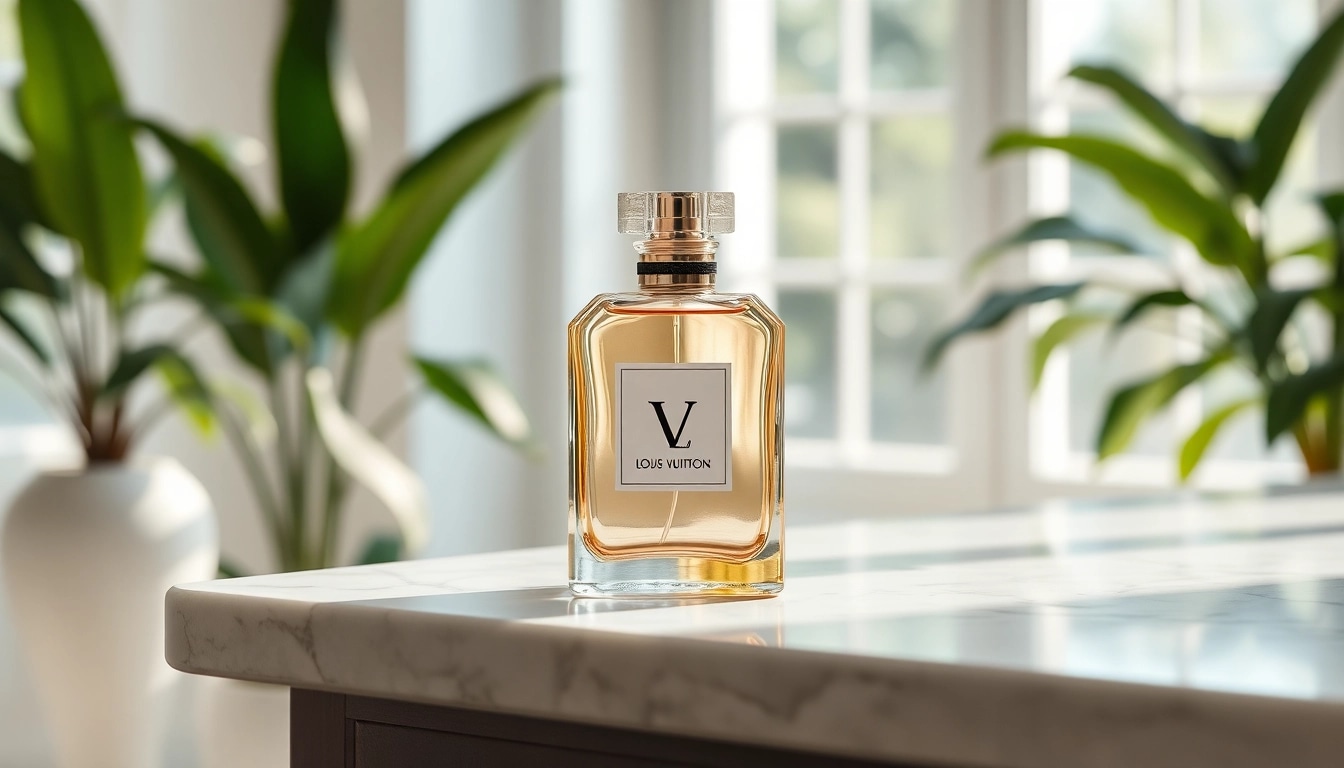 Showcasing a Louis Vuitton perfume dupe bottle elegantly set against a minimalist backdrop, highlighting luxury.