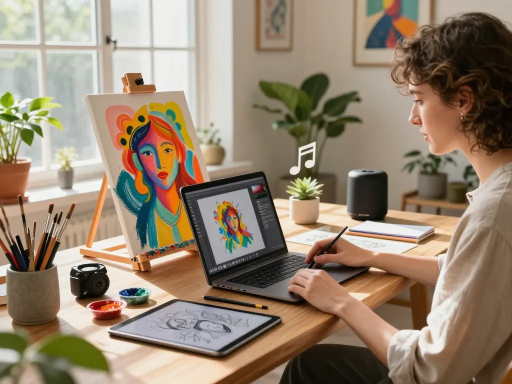Artist using the image to prompt tool to generate creative art inspirations in a vibrant studio.