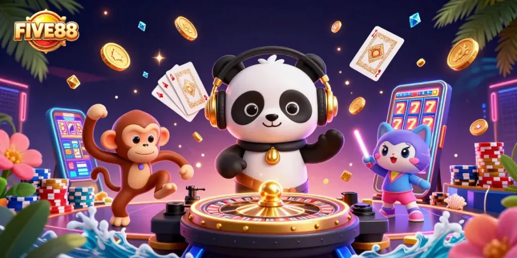 Spin into excitement with FIVE88's lively casino scene featuring a DJ panda and vibrant characters.