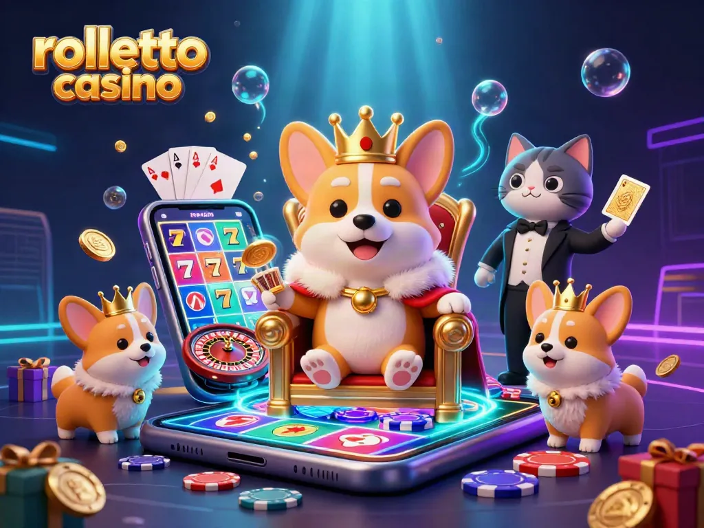 Experience rolletto casino magic with a corgi king, golden deck, and vibrant slot reels.
