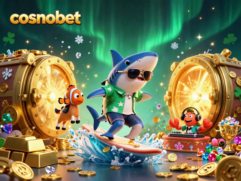 Surf and win with cosmobet as a shark and friends celebrate in a vibrant casino scene.