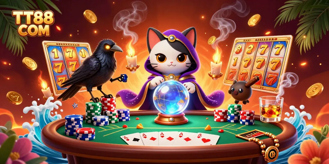 Engage with thrilling slot reels and jackpots at TT88 COM, highlighted by a mystical cat and raven.