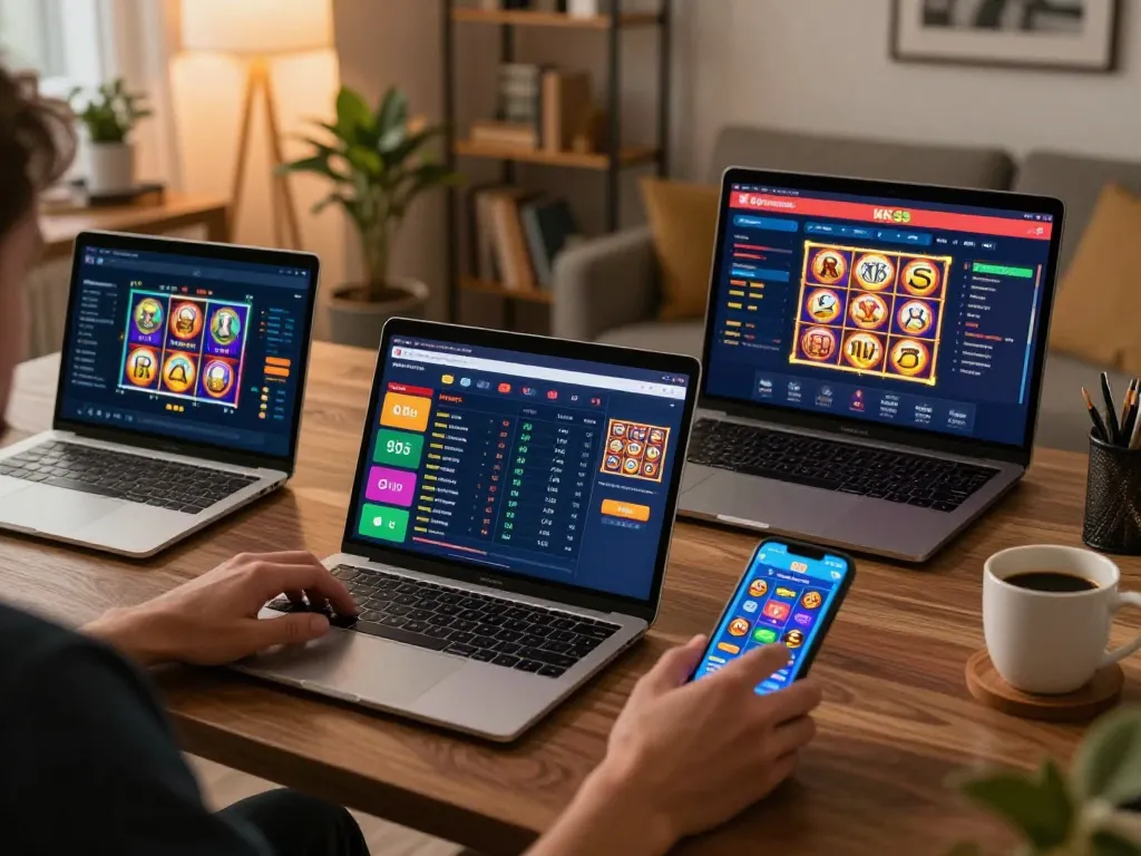 Engaging in online gambling at KK55 with laptop and smartphone gaming interfaces visible
