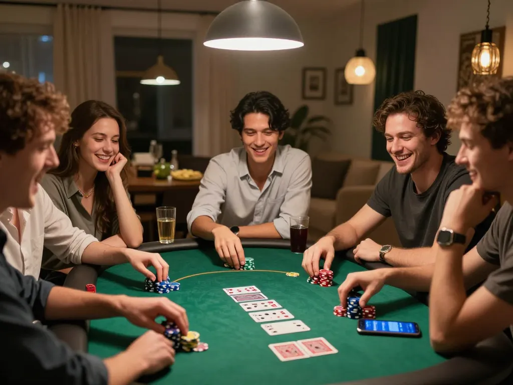 Friends enjoying an engaging home poker night while using the app tài xỉu to track their game strategies.
