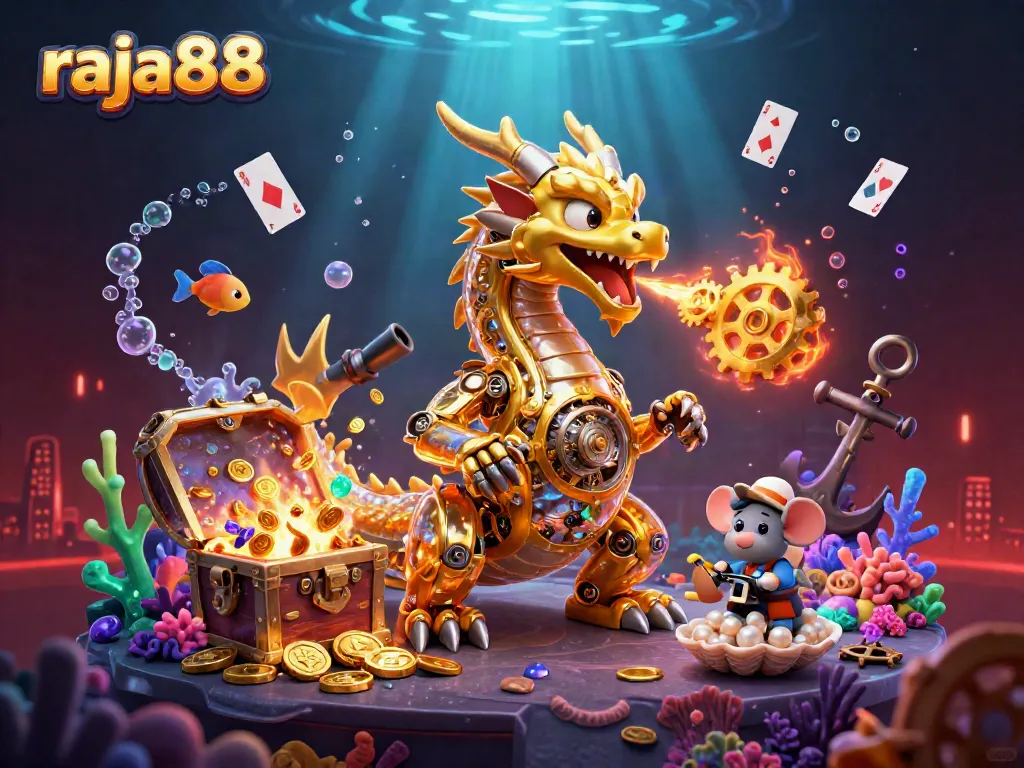 raja88 platform showcasing a golden dragon surrounded by treasure in an immersive gaming environment.