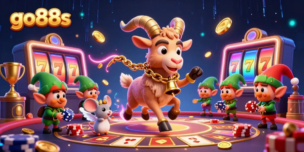 Experience thrilling gameplay at go88s casino, where a Krampus goat, angel mouse, and naughty elves interact in a festive scene.