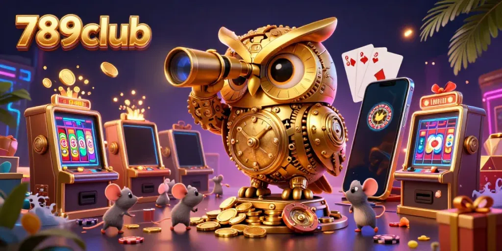 Experience the excitement of 789club with a golden owl overseeing a vibrant casino floor filled with games and winnings.