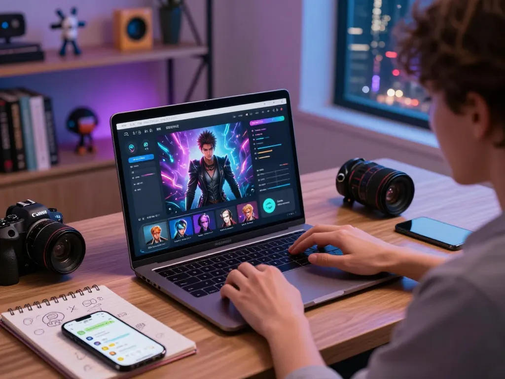 User engaging with nsfw character ai on a sleek laptop, showcasing dynamic interaction and customization.