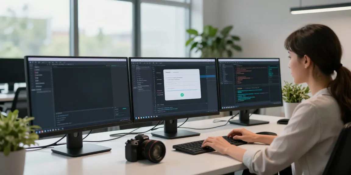 Developer demonstrating instant indexing on multiple screens in a modern workspace.