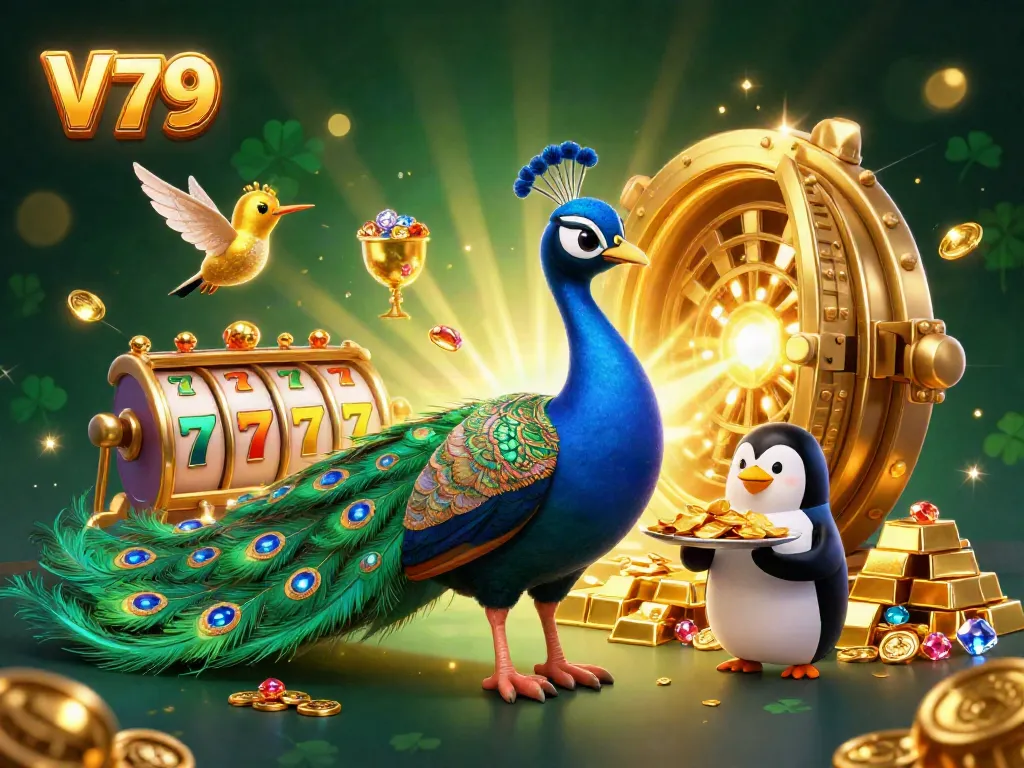Experience the vibrant thrill of V79 with a dazzling peacock and treasures in a casino setting.