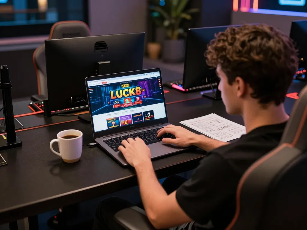 Engaging user exploring Trang chủ LUCK8 on a laptop in a cozy gaming environment