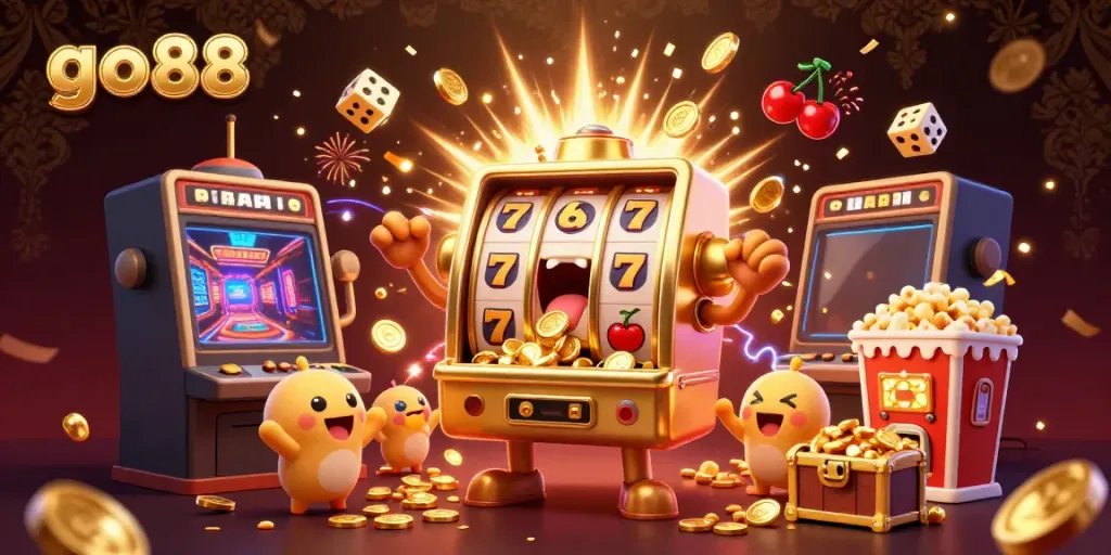 Experience the thrill of winning with go88, featuring a golden slot machine celebrating a jackpot surrounded by cheers and confetti.