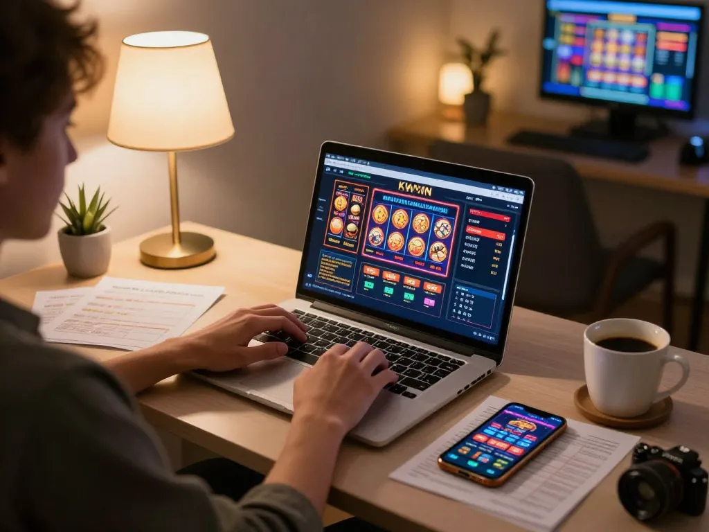 Kwin online gaming scene with a user enjoying slots and poker on a laptop, showcasing responsible gambling.