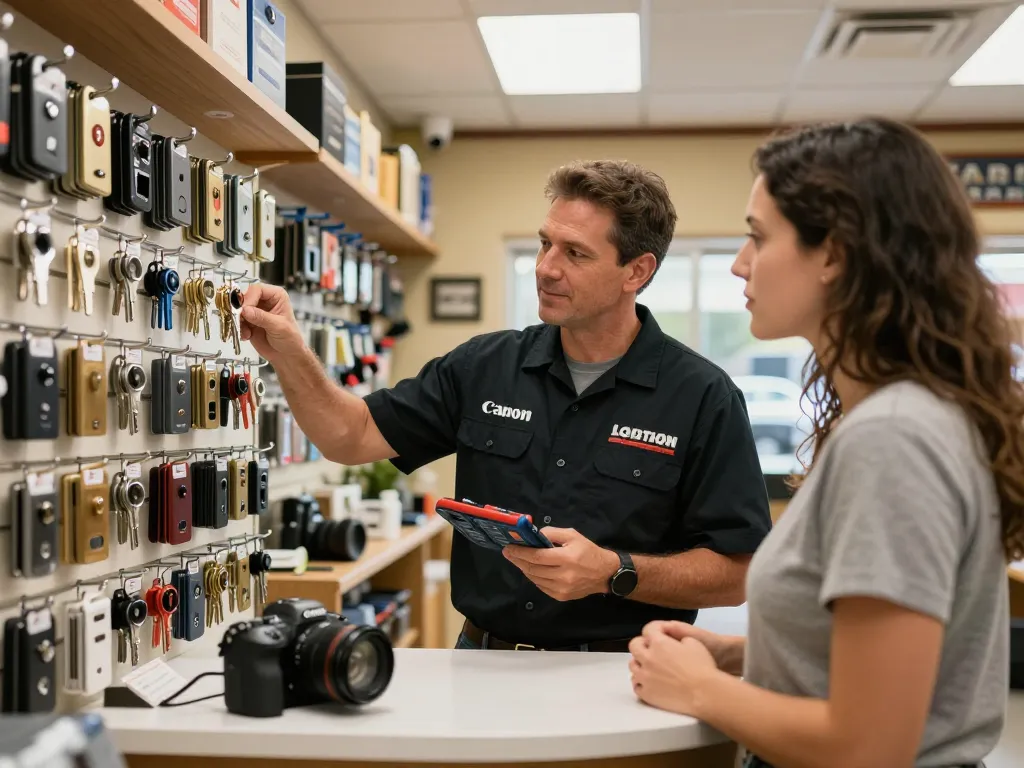 Locksmith in Vero Beach assisting a customer in a friendly shop atmosphere.