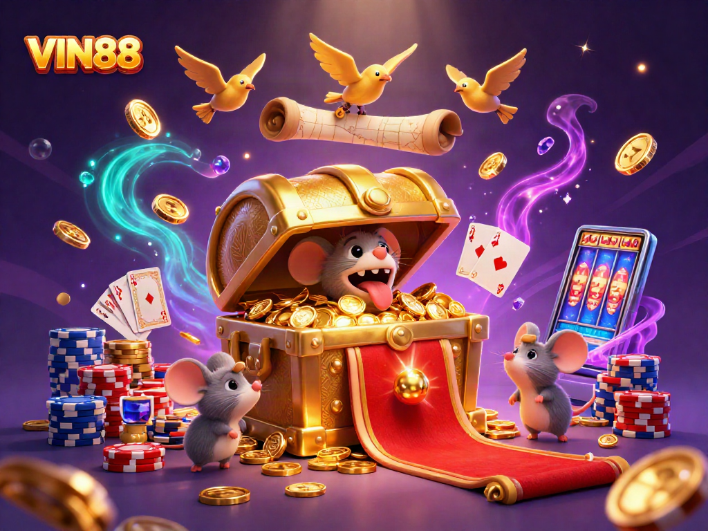 Engage with the thrill of VIN88 and win gold as adventure mice discover treasure in this vibrant casino scene.