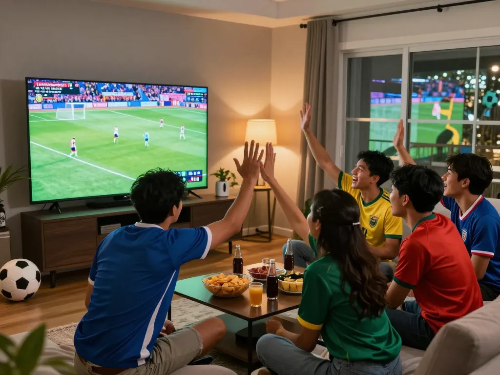 Friends enjoying live football on LuongSon TV in a vibrant living room atmosphere.