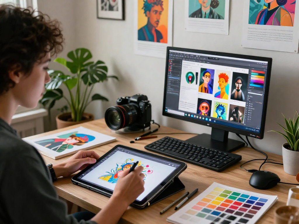 AI NSFW artist designing digital illustrations in a vibrant studio.