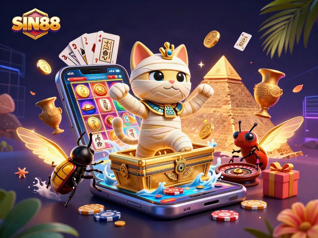 SIN88 unleashes excitement with a dynamic scene featuring a mummy cat and glowing scarab in a vibrant casino setting.