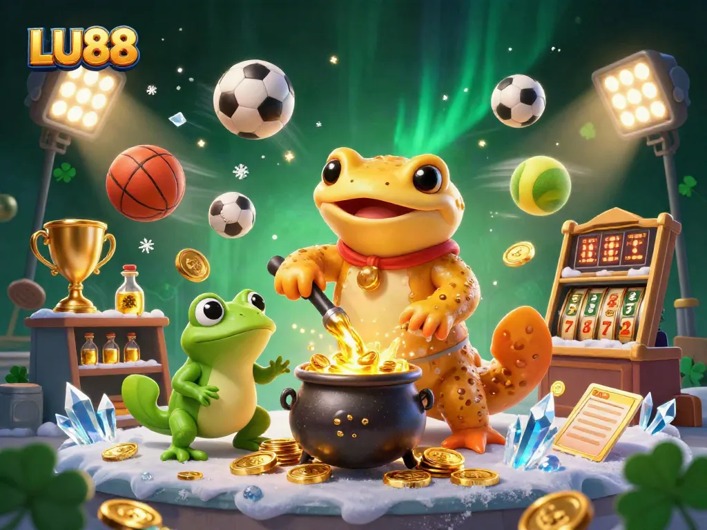 LU88 enhances gaming with a golden salamander alchemist, sports balls, and slot reels in a vibrant casino scene.