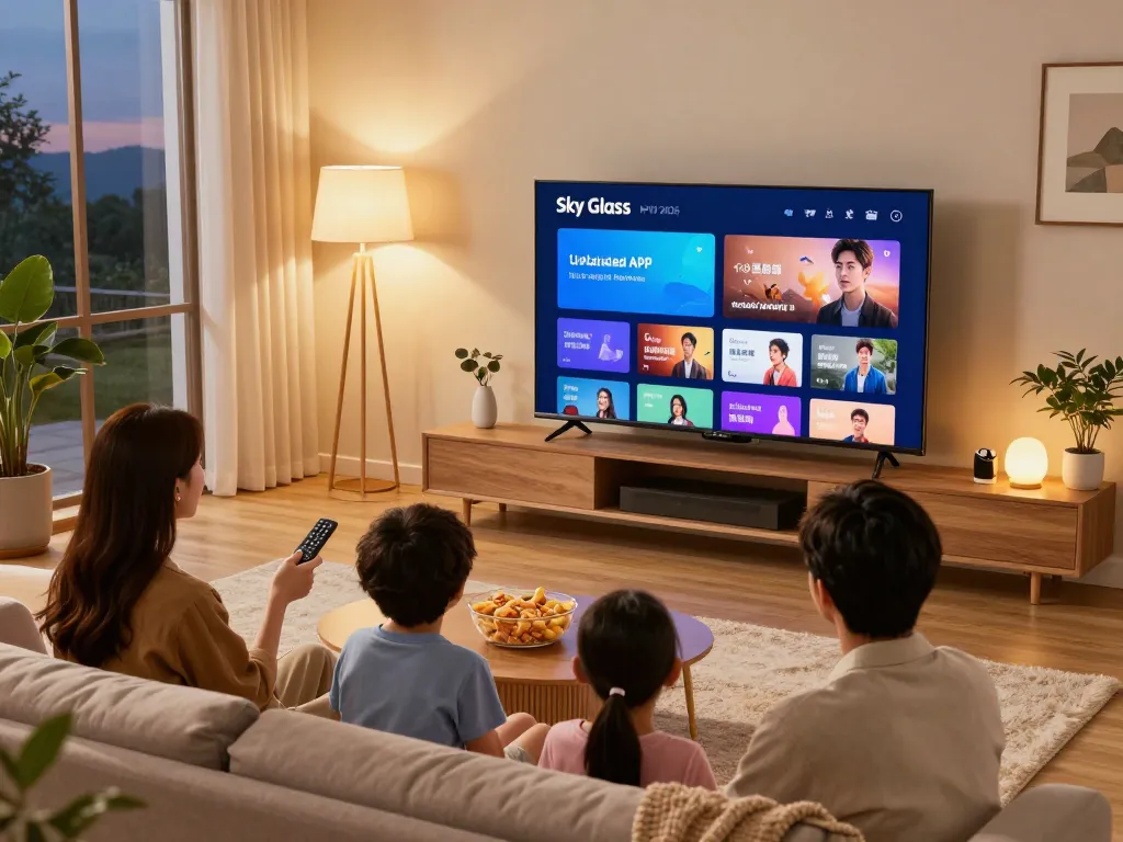 Sky Glass IPTV Updated APP 2026 in a cozy family living room setting, showcasing vibrant streaming content and family interaction.