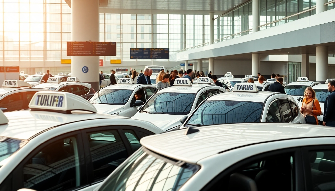 Heathrow Airport taxi service with busy terminal and clear day.