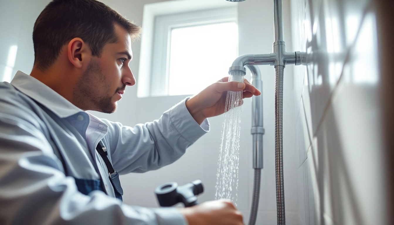 Fixing a shower not working, plumber in action with tools in a stylish bathroom.