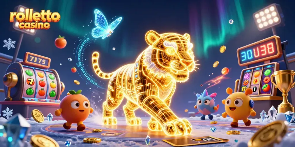 Experience the thrill of rolletto casino with vibrant slot reels and an energetic golden tiger in a dynamic digital scene.