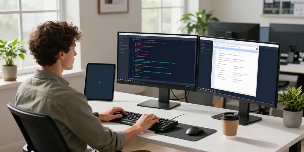 Developer using a multi-model API in a modern office workspace with dual monitors and coding tools.