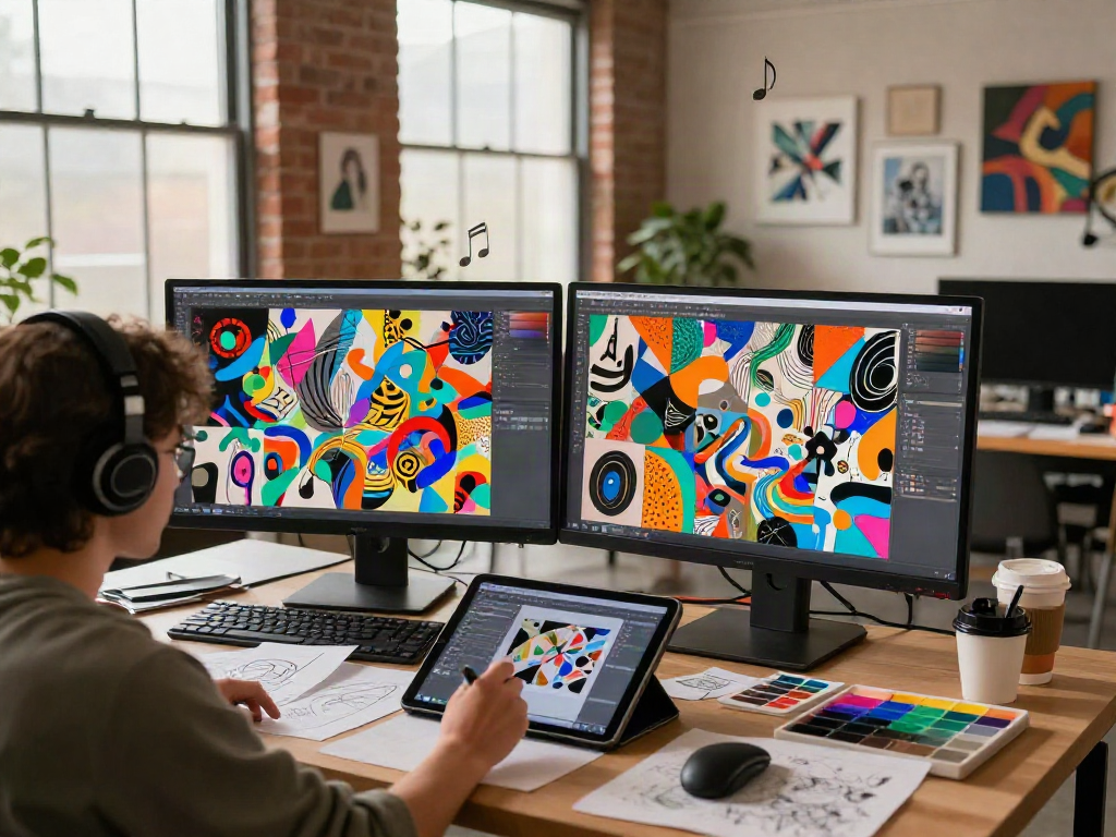 Artist generating ai nsfw digital art in a vibrant creative workspace