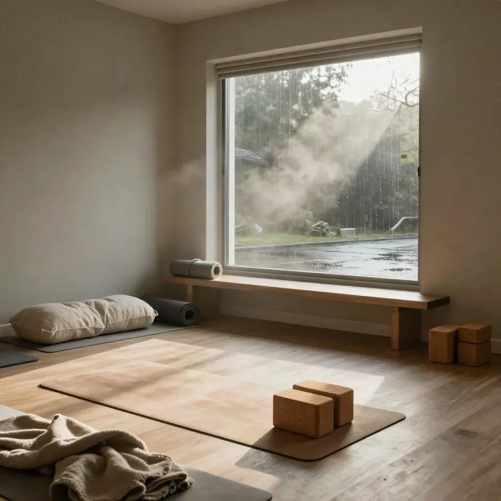 Layna Yoga studio with mats, blocks, bolsters and blankets in morning sun